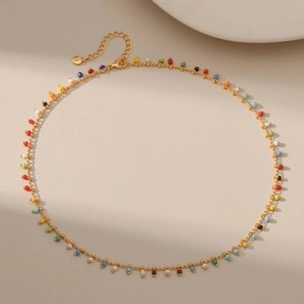18K Gold Plated Multi Color Seed Bead Choker Necklace Adjustable Boho Station